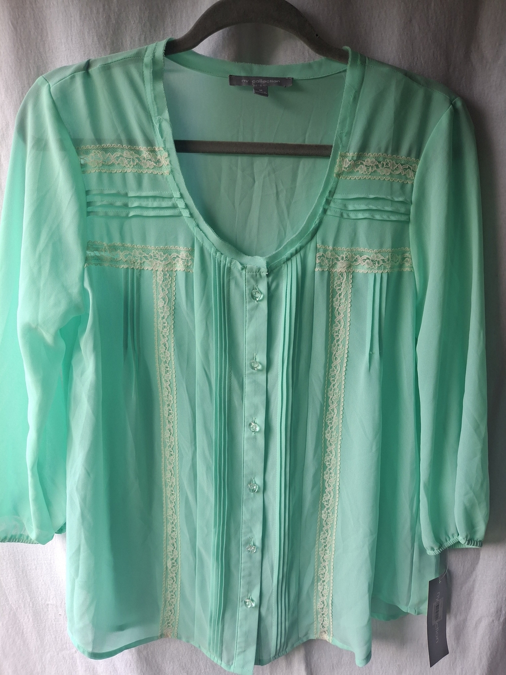 NY Collection Mint Green Lace-Trim Button Front Blouse